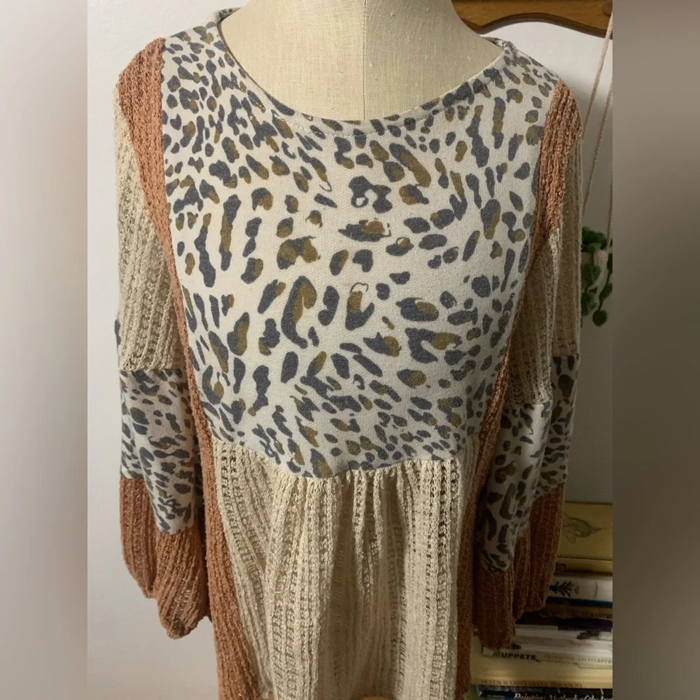 Ces Femme Pink and Gray Leopard Patchwork Boho Peasant Blouse - Picture 7 of 13